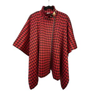 Anne Klein Black Red Houndstooth Cape Jacket